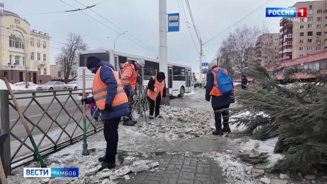 После таяния снега в Тамбове начали расчищать остановки от мусора